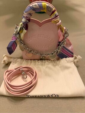 Tiffany & Co Pink Leather Return to Micro HeartCrossbody Tote Bag Charms Silver